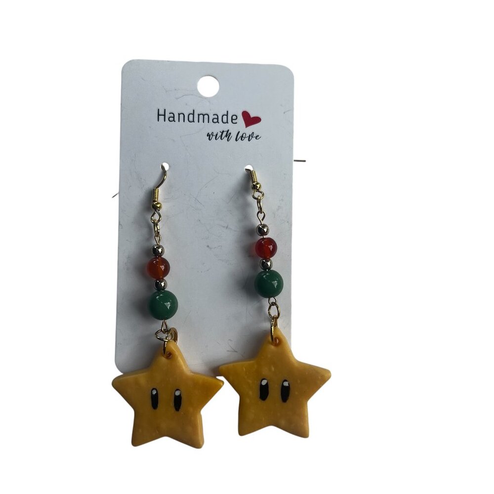 Yellow Stars with Green and Orange Beads Dangling Earrings